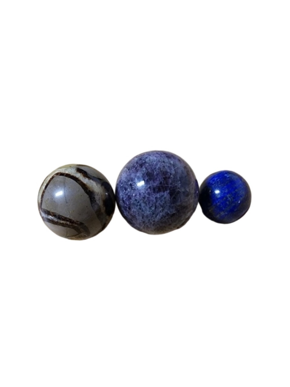 Gemstone Crystal Sphere Trio - 3" Lepidolite, Lapis Lazuli, Septarian Dragon Egg